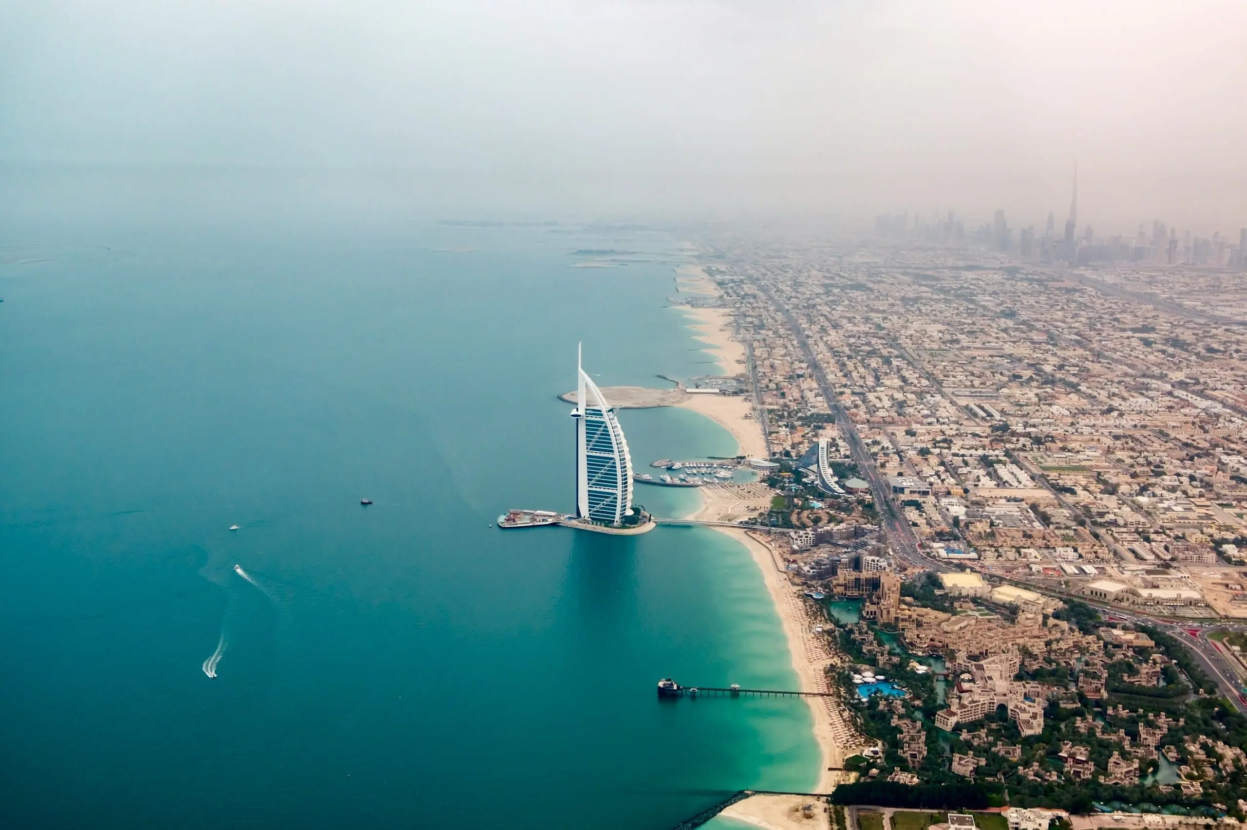 Aerial view of the Burj Al Arab and Jumeirah coastline