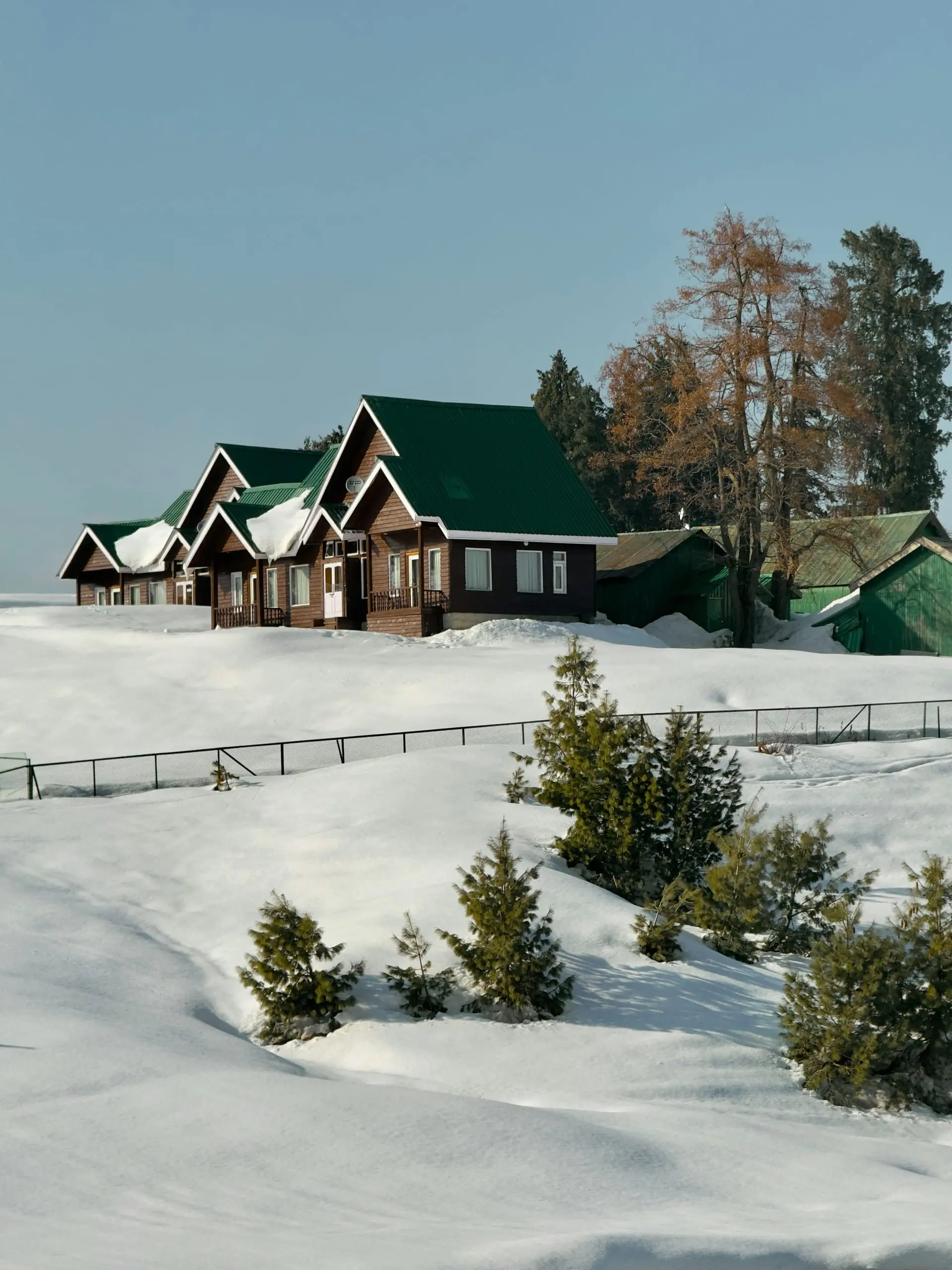 Snow-covered chalets in Gulmarg in winter