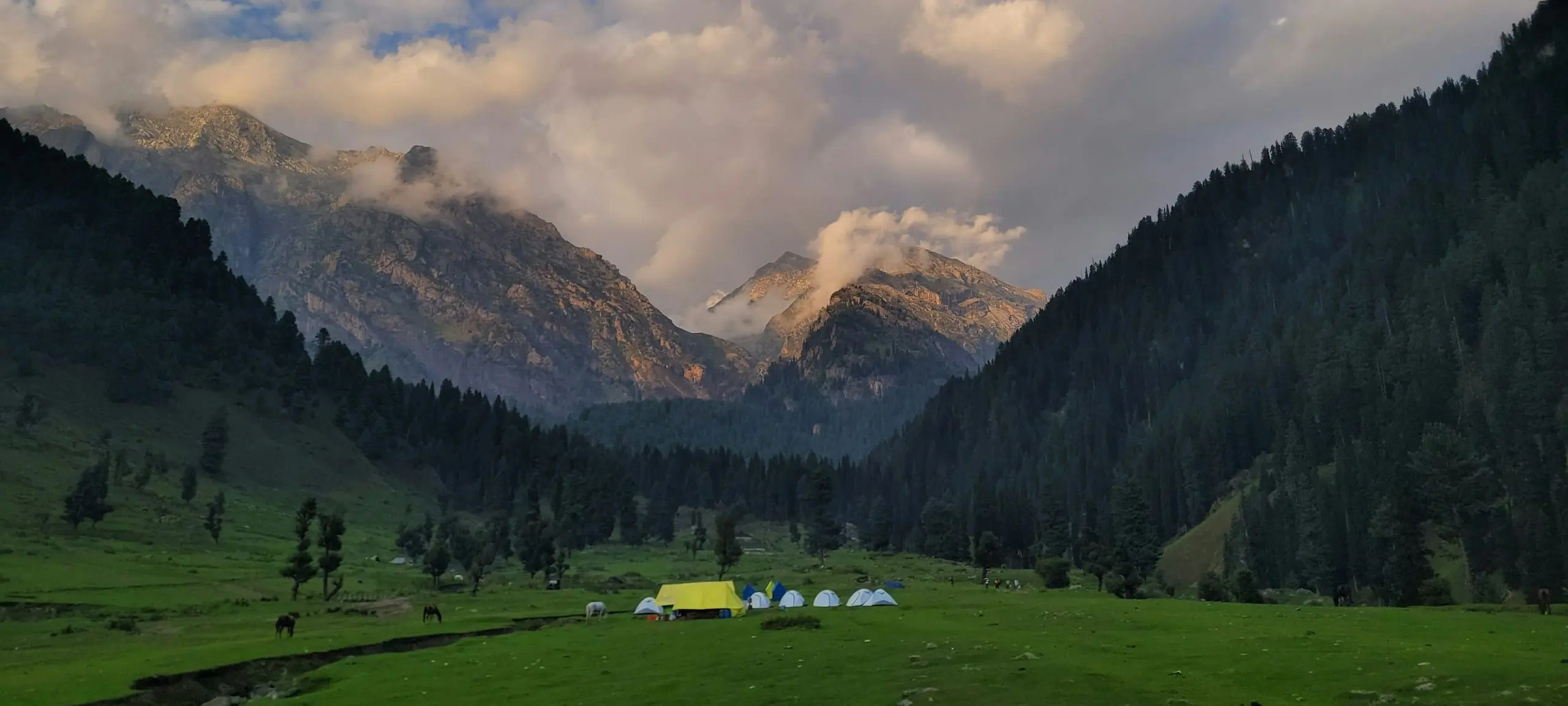 Golden evening light over a camp in a green Himalayan valley in Kashmir